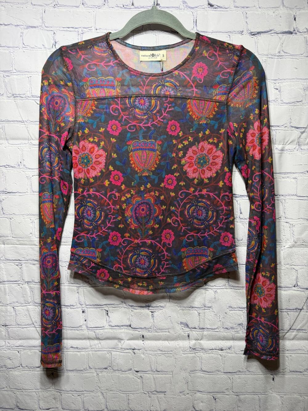 Natural Life Long Sleeve Sheer Mesh Top Floral Sz S NWT Whimsigoth Boho